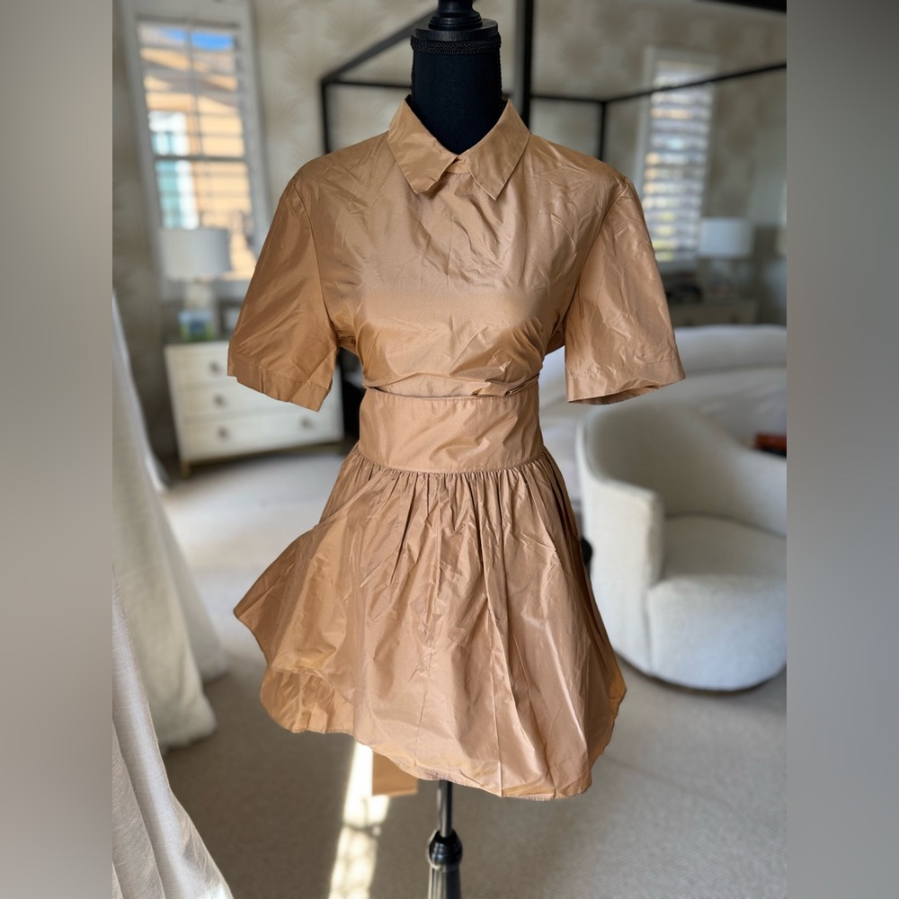 Short-Sleeve Tan Collared Mini Dress